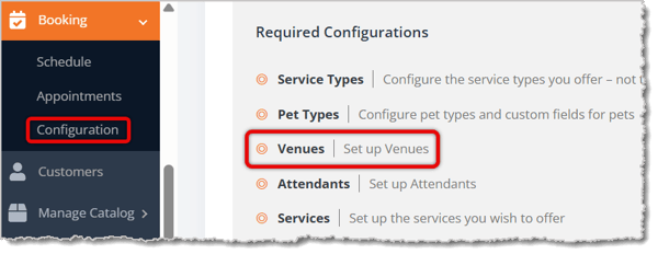 Image showing the Booking menu expanded with the Configuration and Venues options highlighted in the eTailPet system.