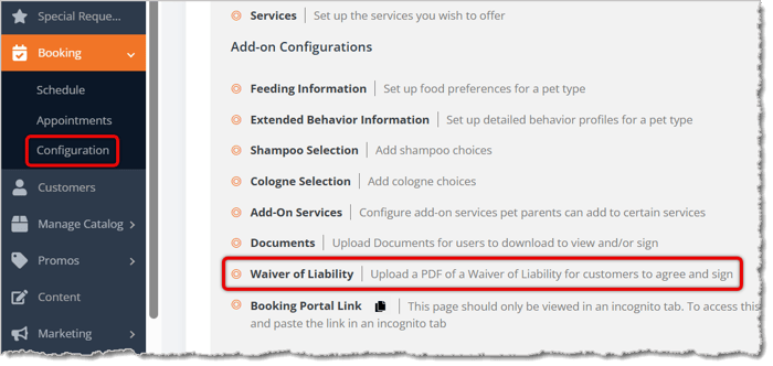 Image highlighting what to click on to access the Waiver of Liability configuration page.