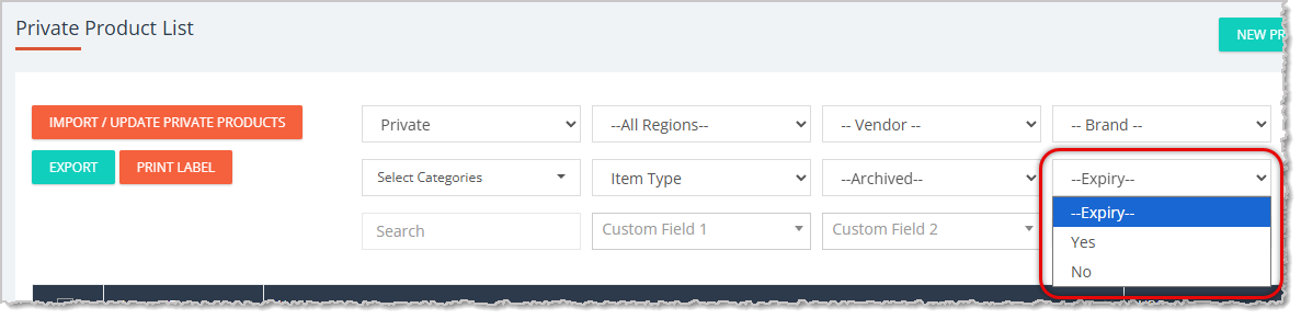 Image showing the Private Products Catalog page with the Expiry filter highlighted in the eTailPet admin dashboard.