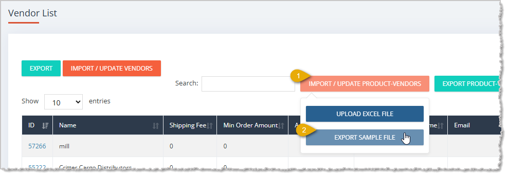 Image with numbers highlighting how to Export a Vendor File Sample in the eTailPet system.