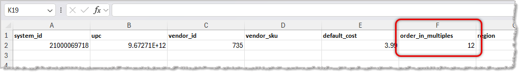 Image of an example Vendor Products Import template in Microsoft Excel.