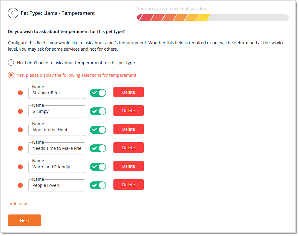 Image showing an example step in the configuration walk-through for a new Pet Type in the eTailPet system.