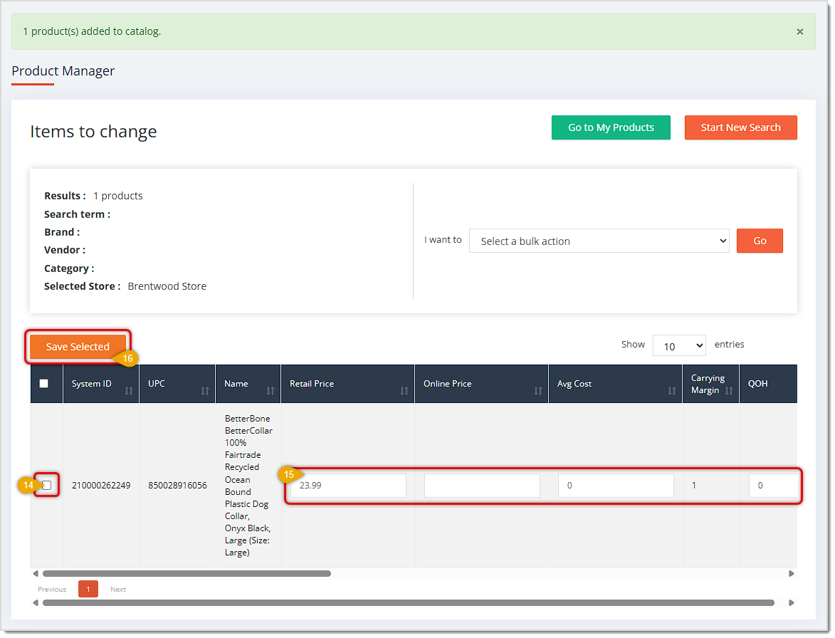 Image showing the edit options on the Product Manager page for a newly added catalog item in the eTailPet system.