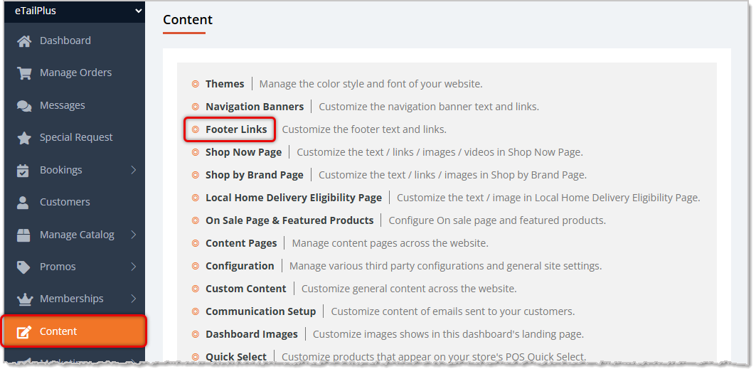 Image highlighting the Content option in the eTailPet main menu and the Footer Links option on the Content page.