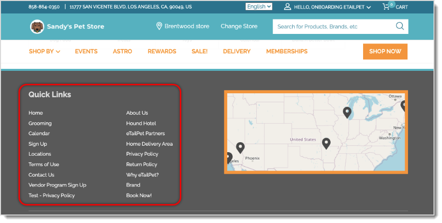 Image showing the Quick Links area of the footer on a eTailPet storefront website.