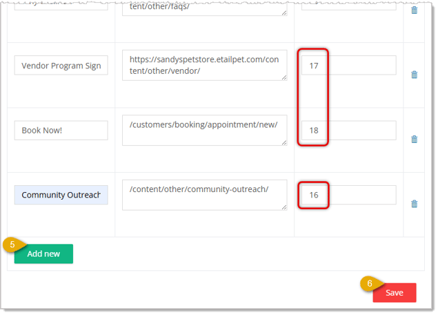 Image showing the major functions of the Footer Links page in the Content area of the eTailPet system.