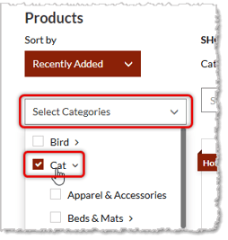 Image showing category selection from the shopping list page of a eTailPet system storefront website.
