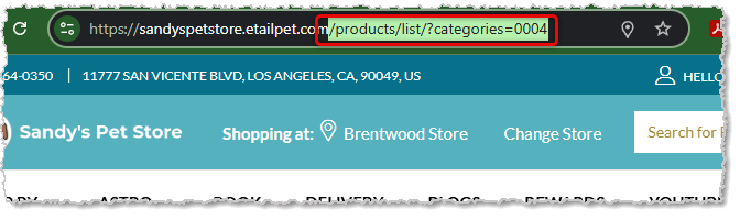 Image showing a category page path for a eTailPet system storefront website.