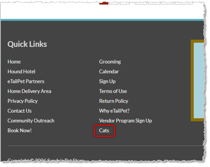 Image showing a category page link in the Quick Links area of the footer for a eTailPet system storefront website.