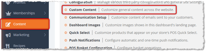 Image showing the Content area of the main eTailPet menu with the Custom Content area of the Content page highlighted.