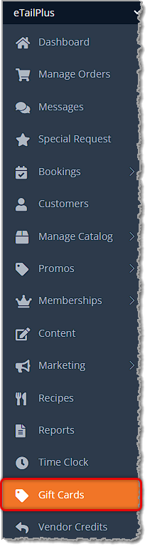 Image highlighting the Gift Cards button  in the eTailPet system's main menu.