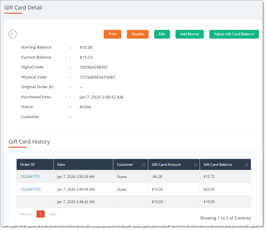 Image showing the Gift Card Detail page with the full history of a gift card and functions to edit and adjust card data in the eTailPet system.