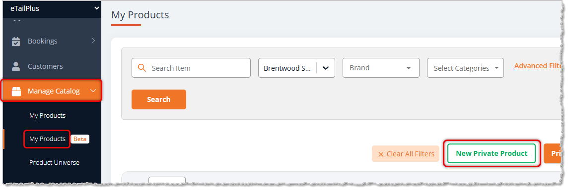 Image showing how to start the creation of a Gift Card private product in the eTailPet system.