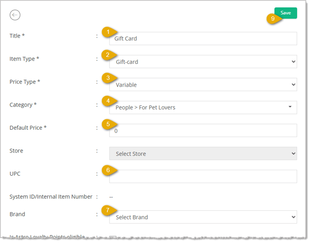 Image showing the steps to configure a Private Product to be a Gift Card in the eTailPet system.