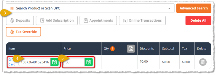 Image showing how to sell a variable price gift card on the New Sale page of the eTailPet system.