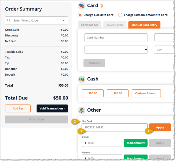 Image showing the New Sale payment page with Gift Card being used for payment in the eTailPet POS.