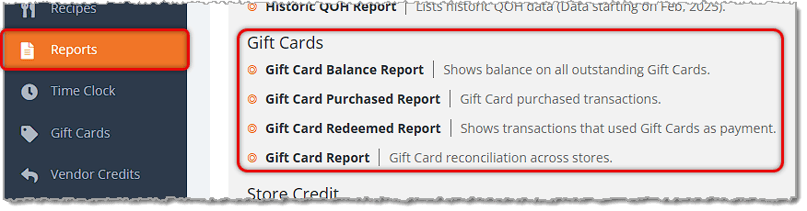 Image showing the Gift Cards section of the Reports page in the eTailPet system.