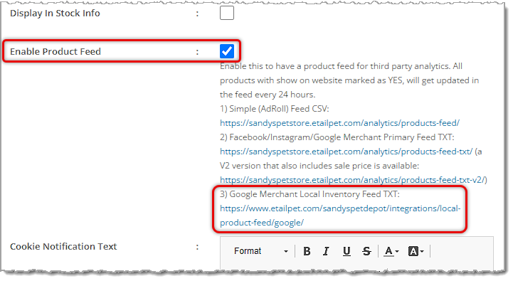Image showing the Enable Product Feed setting on the Content Configuration page of the eTailPet system.