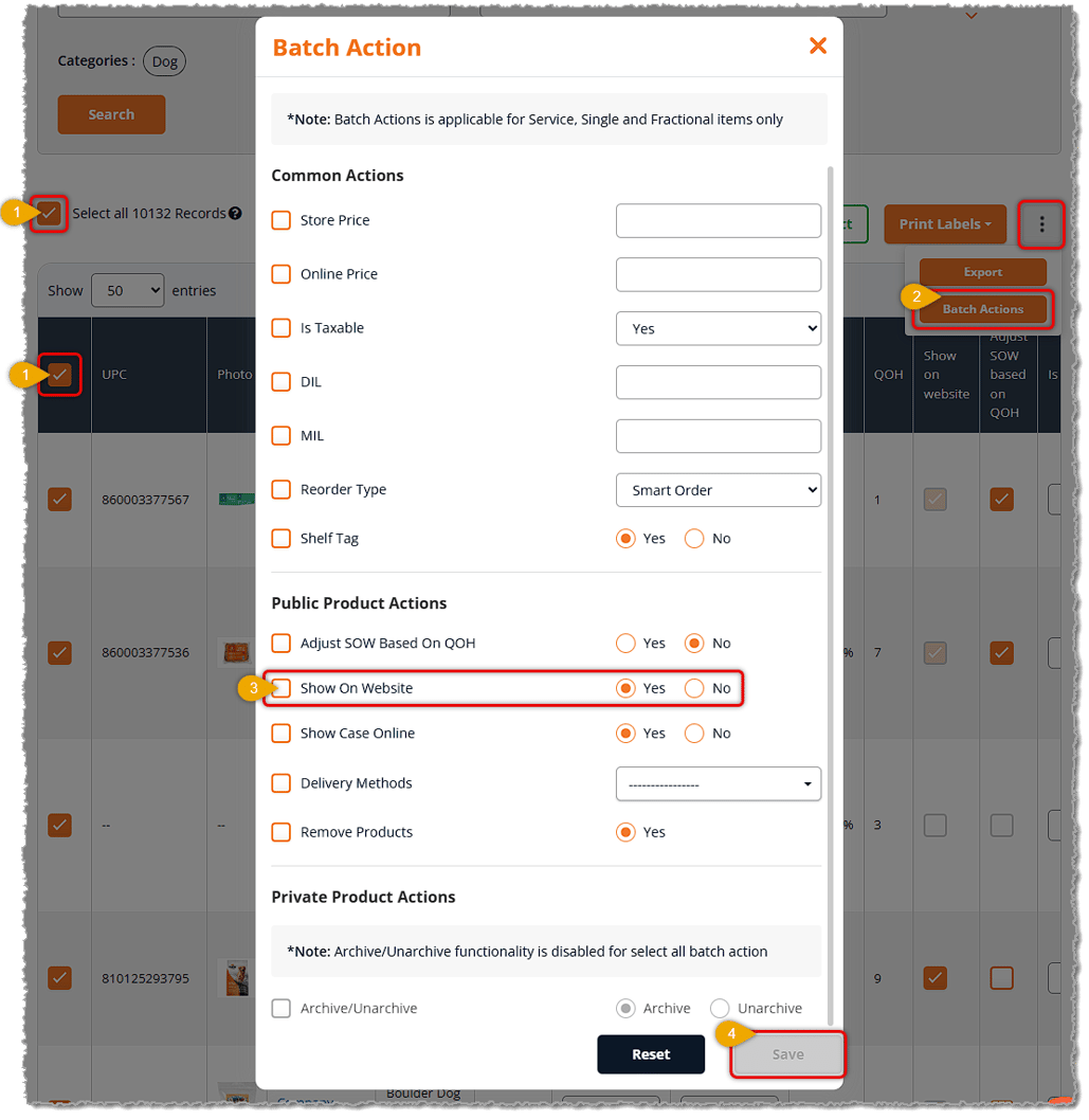 Image showing the Batch Actions window on the My Products page with Show on Website functionality highlighted in the eTailPet system.