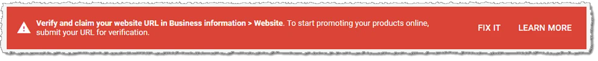 Image showing a Google website verification notice for the Google Merchant Center account creation.