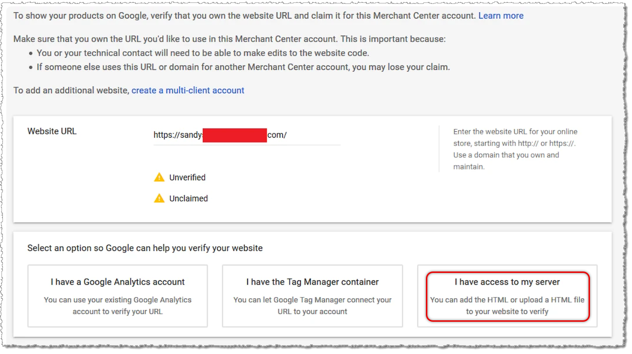 Image showing domain verification setup for the Google Merchant Center.