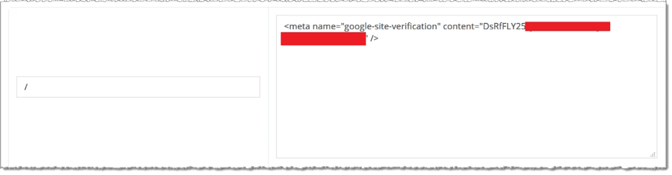 Image showing the Google Merchant Center Meta Tag in the Custom HTML area of Custom Content in the eTailPet system.