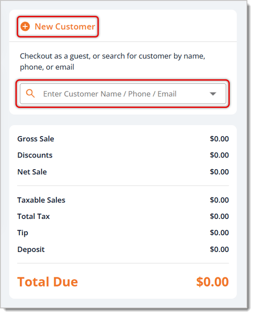 Image of the Customer Panel in the eTailPet Register. The New Customer button and the Customer Search Bar are highlighted.