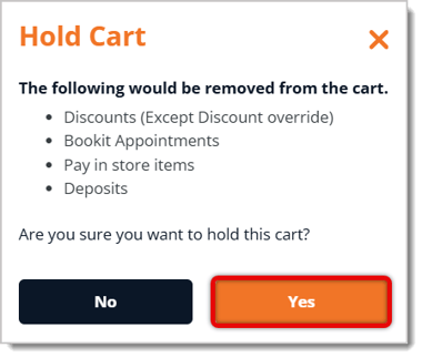 Image of the confirmation window for holding a cart in the eTailPet Register.