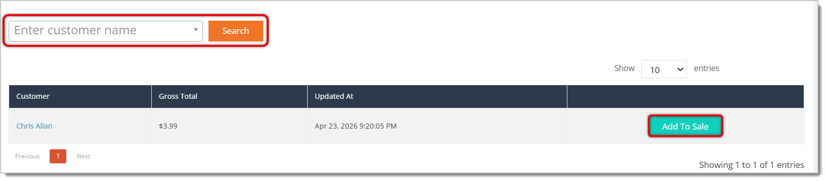 Image highlighting the Search Customer Name field and the Add to Sale button in the Held Carts area of the eTailPet Dashboard.