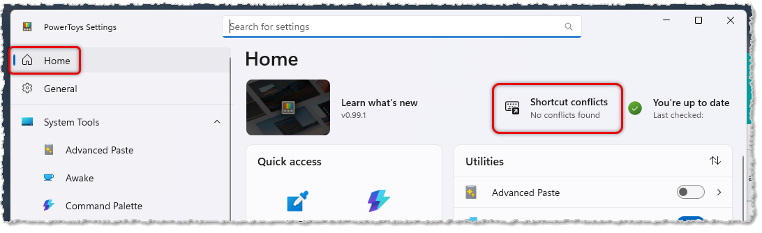Image showing the PowerToys settings Home page, with Shortcut Conflicts highlighted.