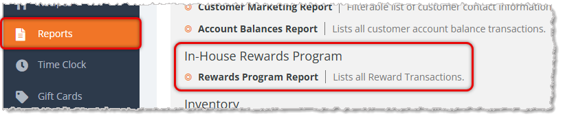 Image showing the In-House Rewards Program section of the Reports page of the eTailPet system.