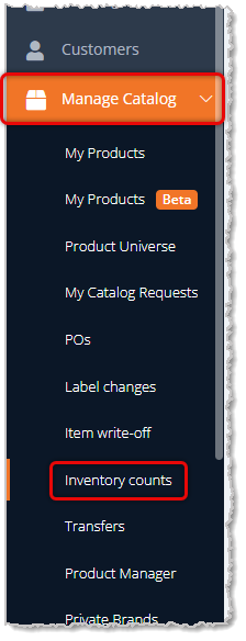 Image showing the Manage Catalog area of the main menu with the Inventory Counts link highlighted in the eTailPet system.