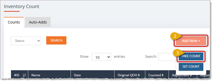 Image showing the Add New button and highlighting the Free Count on the Inventory Count page of the eTailPet system.
