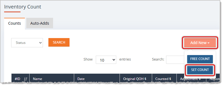 Image showing the Add New button and highlighting the Set Count on the Inventory Count page of the eTailPet system.