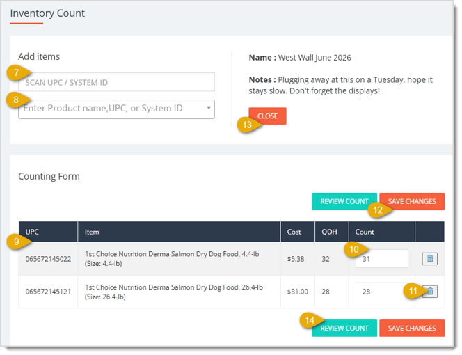 Image showing the Inventory Count page with item entry controls and counted items in the eTailPet system.
