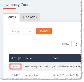 Image showing the ID Number of an inventory count on the Inventory Count page of the eTailPet system.