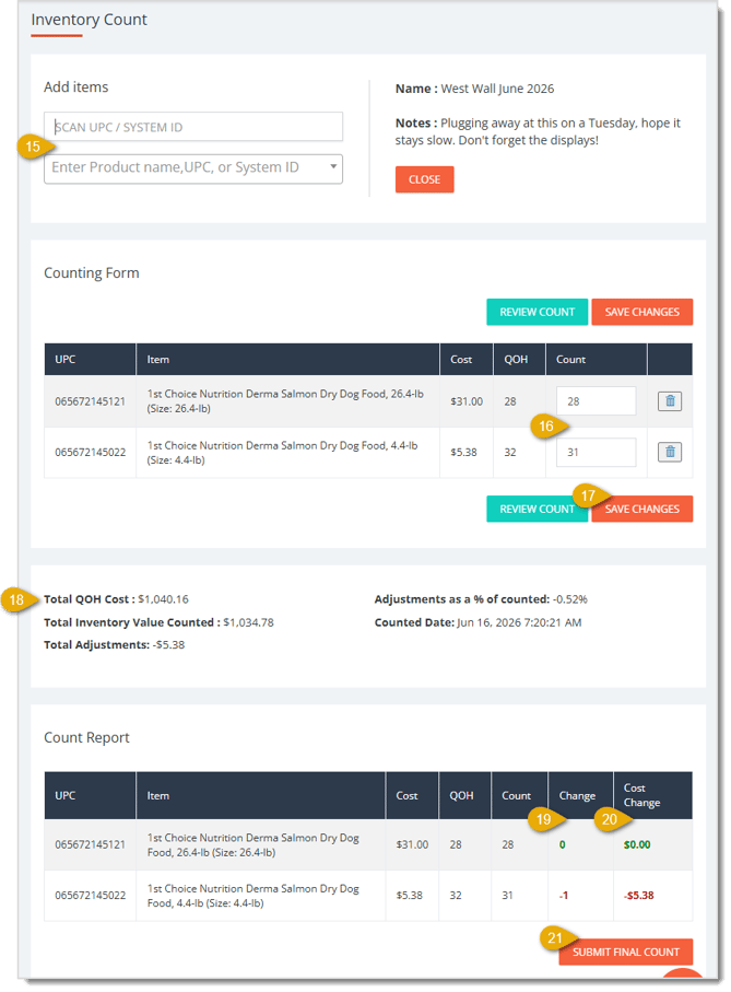 Image showing the Review Count steps of an inventory Free Count in the eTailPet system.
