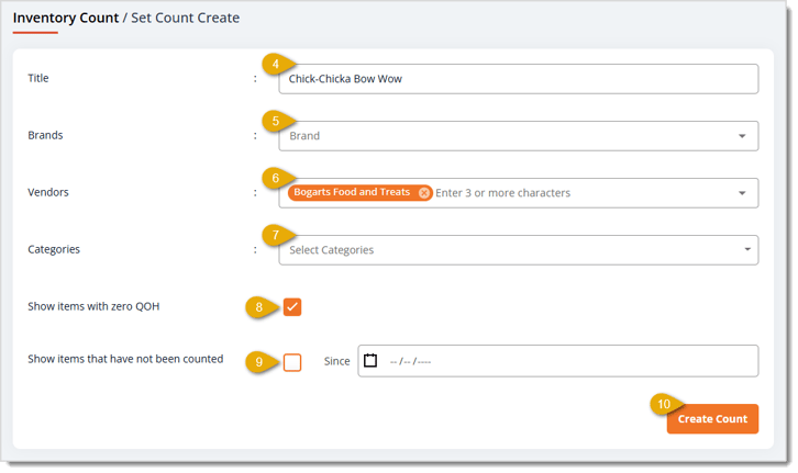Image showing the Set Count Create page configuration of an Inventory Count in the eTailPet system.