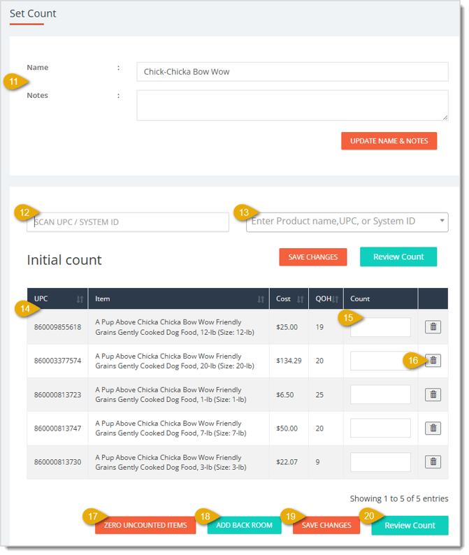Image showing the Set Count page with item entry controls and counted items in the eTailPet system.