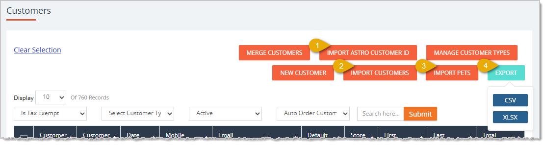Image showing the import and export functions of the Customers page of the eTailPet system.