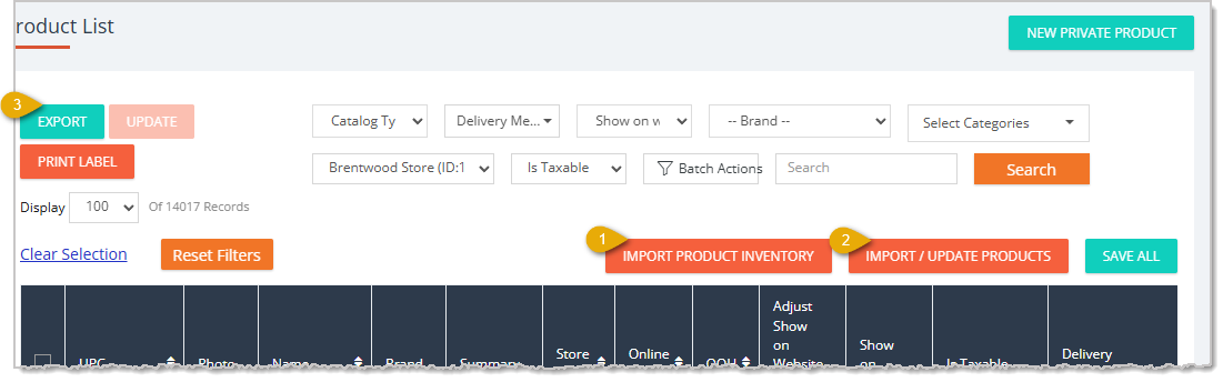 Image showing the Import/Export Products and Inventory functions on the My Products page of the eTailPet system.