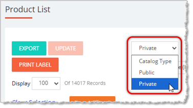 Image showing the Catalog Type filter on the My Products page of the eTailPet system.