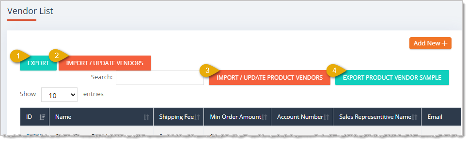 Image showing the Import / Export Vendor functions on the Product Vendors page of the eTailPet system.