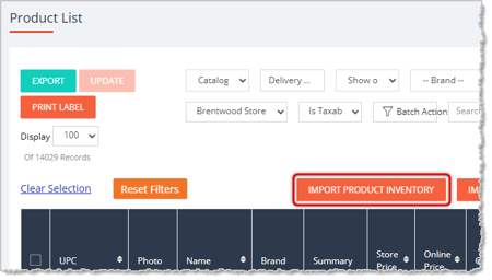 Image showing the Import Product Inventory functions on the My Products page of the eTailPet system.