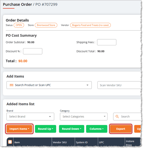 Image showing the Import / Export functions on a Purchase Order in the eTailPet system.