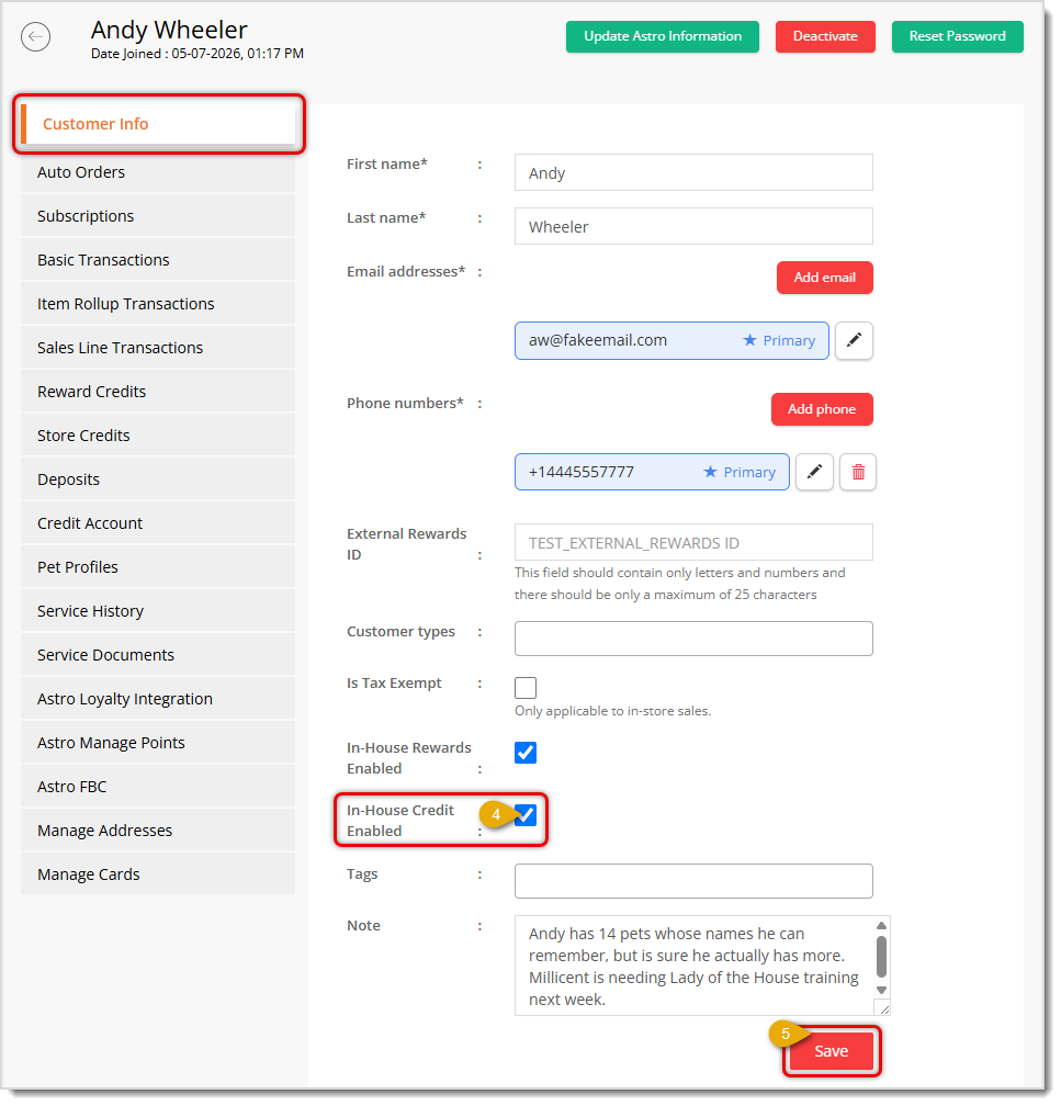 Image showing how to set a customer to have In-House Credit on the customer's Details page in the eTailPet system.