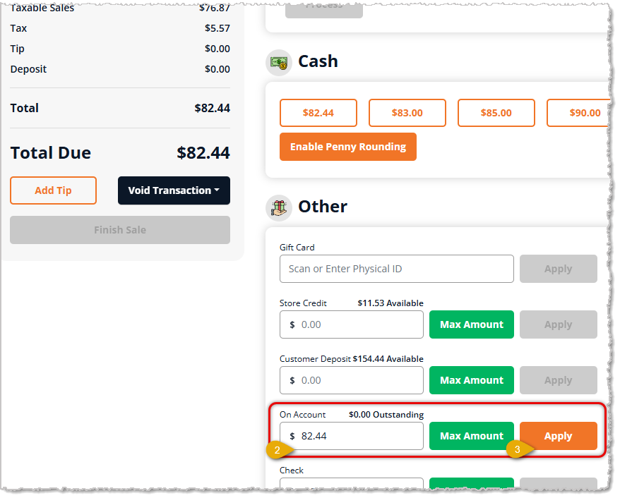 Image showing the steps in the Payment panel of a transaction to use On Account as the payment method in the eTailPet system.