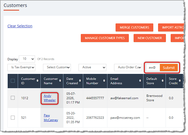 Image showing the customers page with customer search and name highlighted in the eTailPet system.
