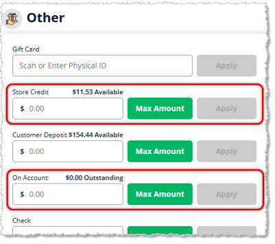 Image showing the Store Credit and On Account payment methods in the Payments panel of New Sale in the eTailPet system.