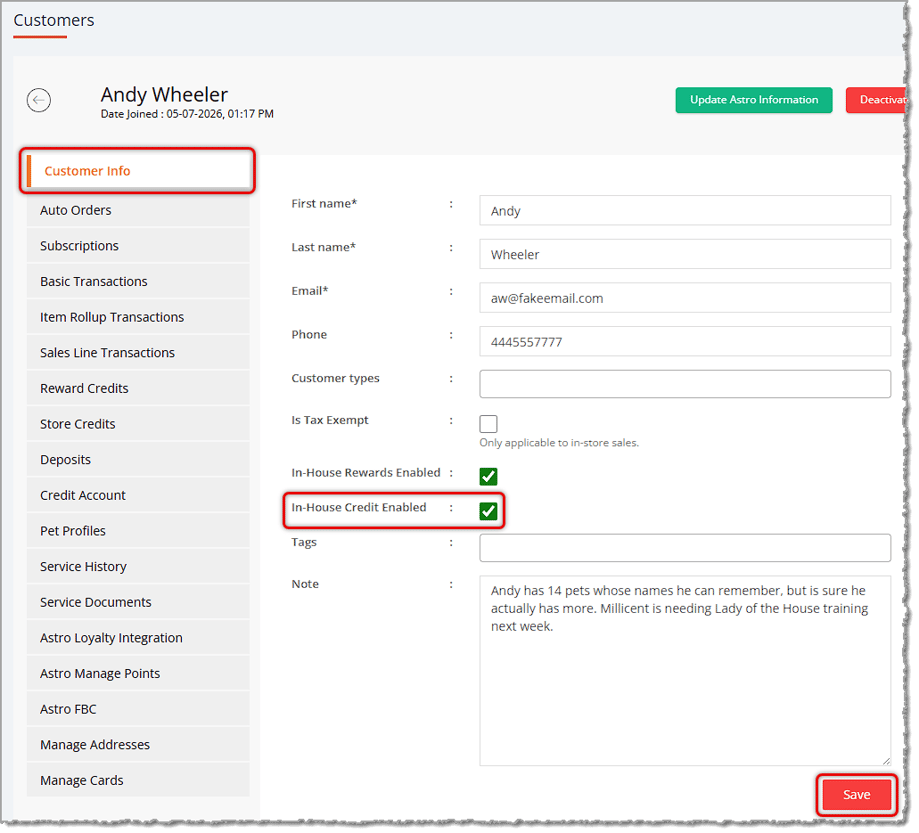 Image showing the In-House Credit Enabled setting on the Customers detail page in the eTailPet system.